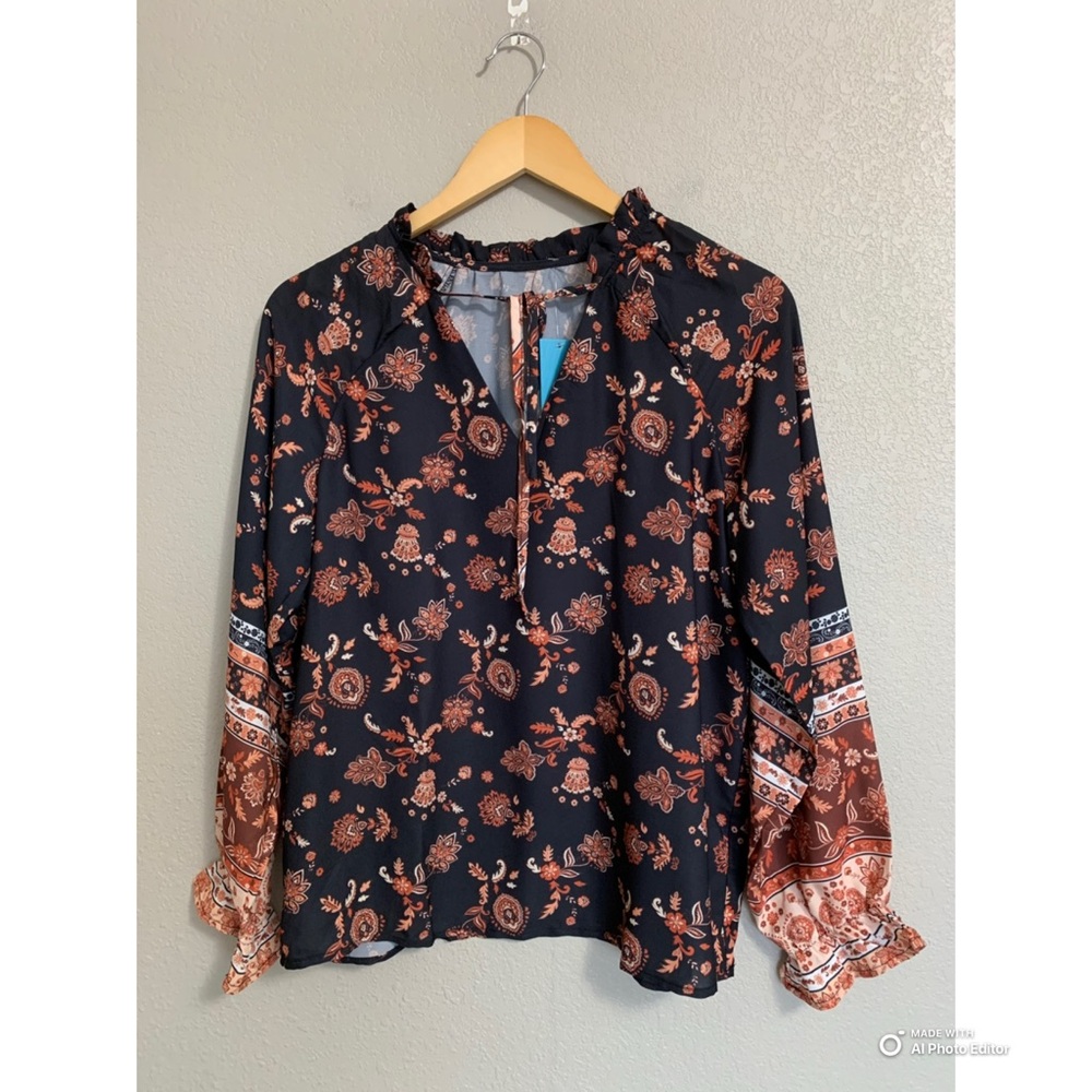Cupshe Small Long Sleeve Poet Blouse In Black Orange Tan Floral Print NWT